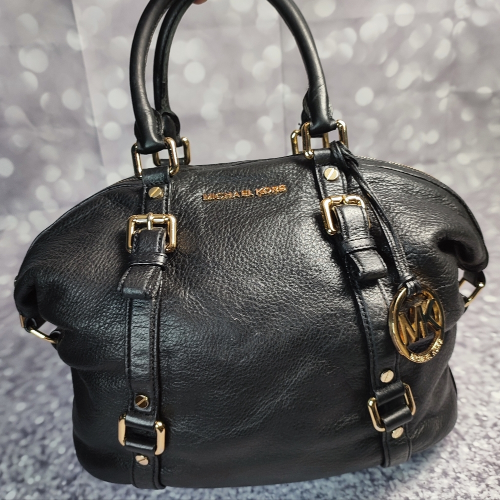 Michael Kors Black Leather Bedford Belted Medium Satchel with Gold Hardware. EUC